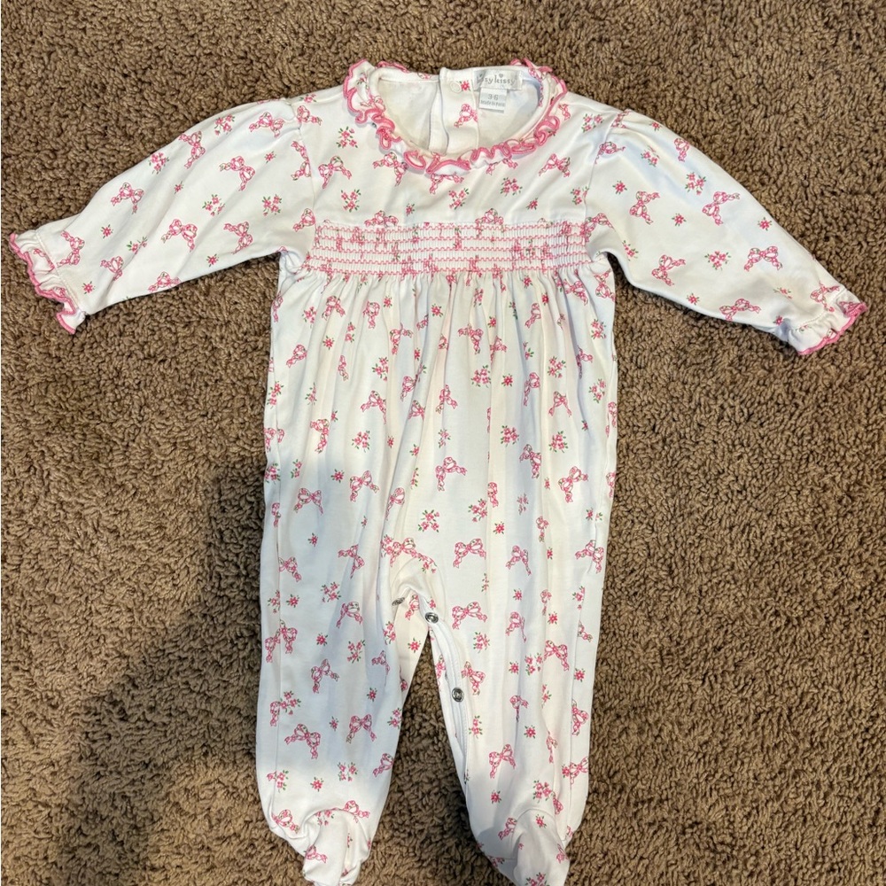 Kissy Kissy White Footie with Pink Bow Smocking
